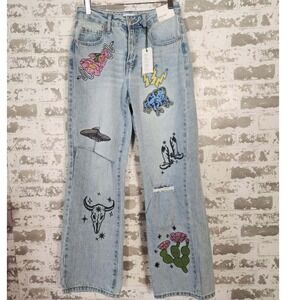 Forever 21 Jeans‎ Womens 90s Fit Size 26 Light Wash Western Cowboy Embroidered